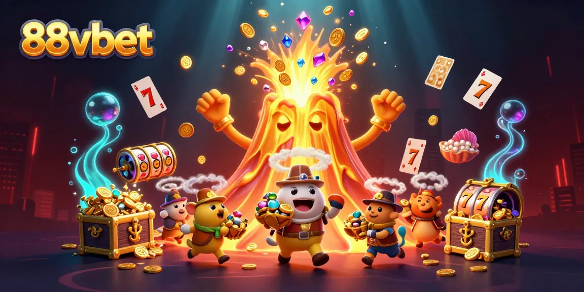 88vbet's dynamic gaming scene with a triumphant volcano and treasure-seeking animals, enhancing the gaming experience.