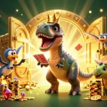 Experience the thrilling adventures at febet with T-Rex and friends stacking chips and cards!