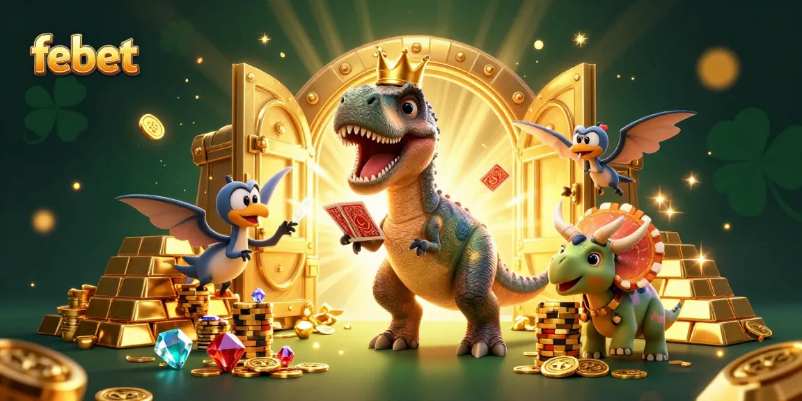 Experience the thrilling adventures at febet with T-Rex and friends stacking chips and cards!