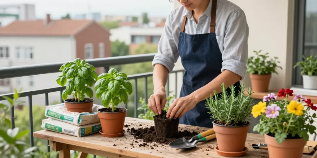 How to grow aromatic plants on the balcony with local services, showcasing a trusted provider nurturing herbs and spices in a warm community-oriented atmosphere.