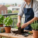 How to grow aromatic plants on the balcony with local services, showcasing a trusted provider nurturing herbs and spices in a warm community-oriented atmosphere.