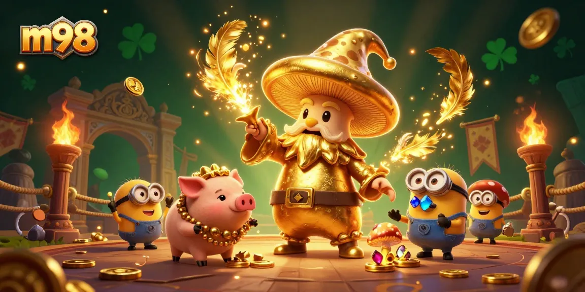 Experience thrilling m98 gaming with a wizard and treasure-seeking characters in a vibrant 3D casino scene.