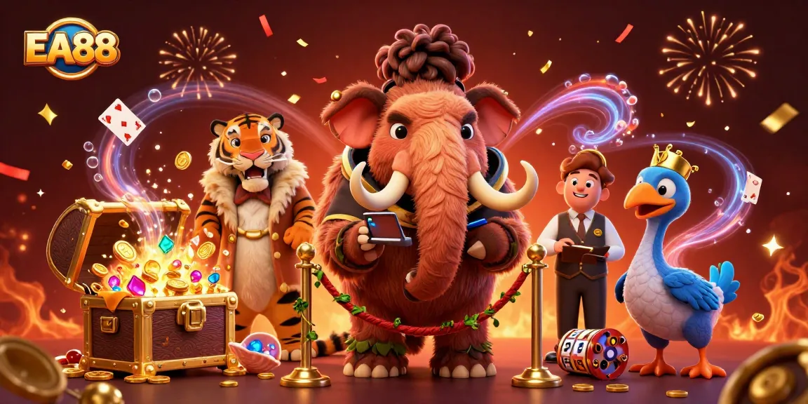 Experience EA88 thrills with vibrant casino characters enjoying games and flash in an online casino.