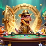 Tải game Sunwin as a velociraptor card counter amidst gold treasures and gems at a lively blackjack table.