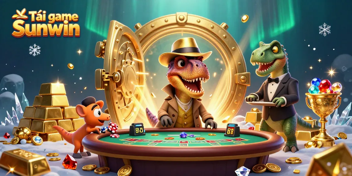 Tải game Sunwin as a velociraptor card counter amidst gold treasures and gems at a lively blackjack table.