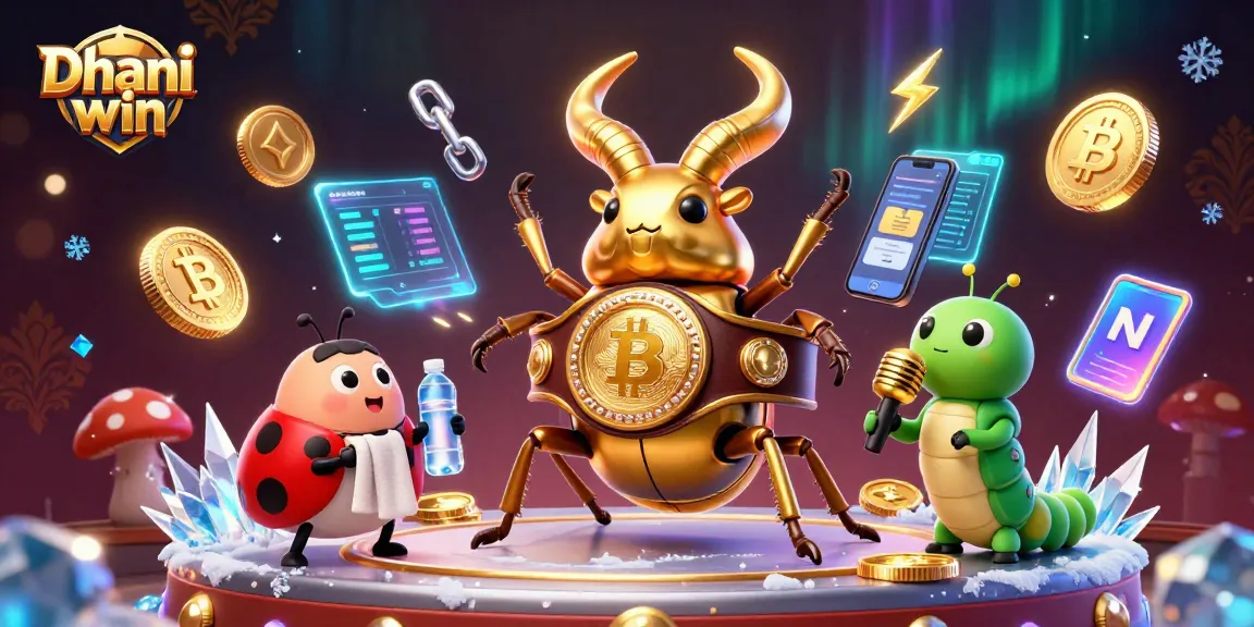 Play thrilling lottery games on Dhani win with neon crypto elements around dynamic characters.
