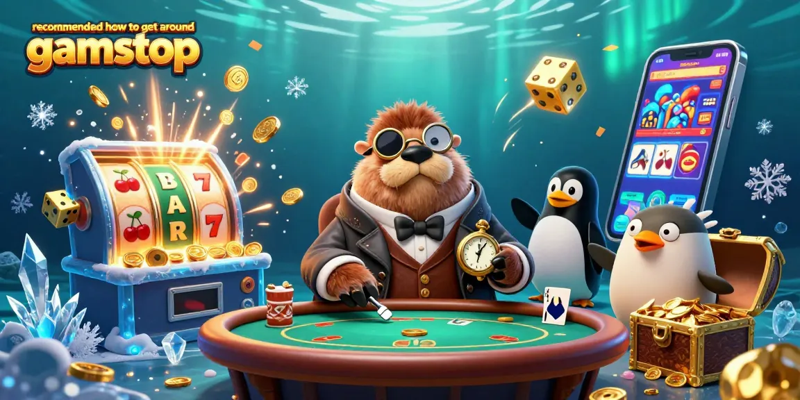 Recommended how to get around GamStop scene with cartoon walrus at poker table, showcasing thrilling gambling elements.