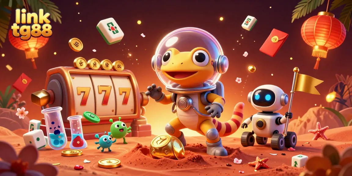 Experience the excitement of link tg88 as a Martian gecko uncovers a golden casino in a vibrant 3D illustration.