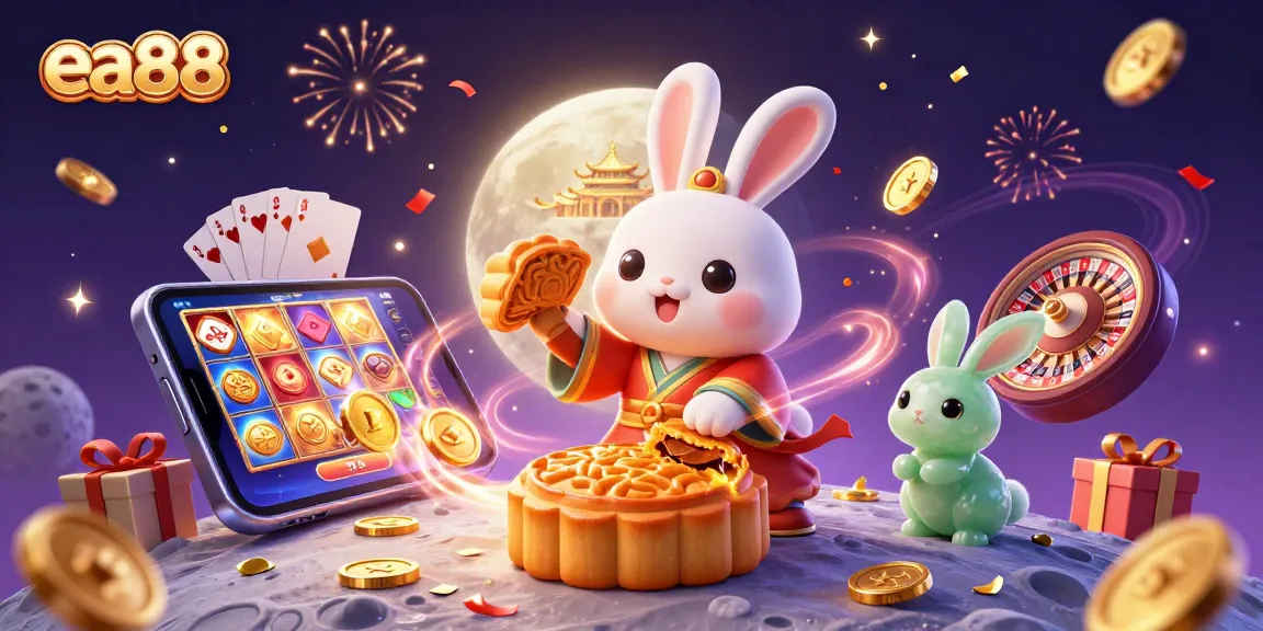 ea88 offers a spectacular gaming experience with the moon rabbit, revealing poker chips among exciting casino elements.