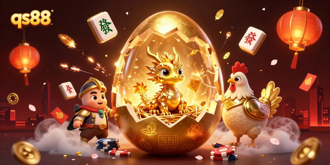Experience the thrilling realm of qs88 with a golden dragon emerging from a nest of poker chips amidst vibrant casino elements.