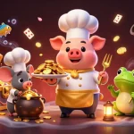 Experience tr88's vibrant casino world with a chef pig serving riches in this 3D illustration.