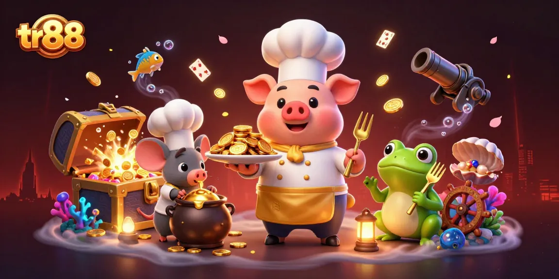Experience tr88's vibrant casino world with a chef pig serving riches in this 3D illustration.
