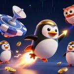 Experience Link Sunwin with a golden penguin soaring towards a poker chip casino amidst neon crypto elements.
