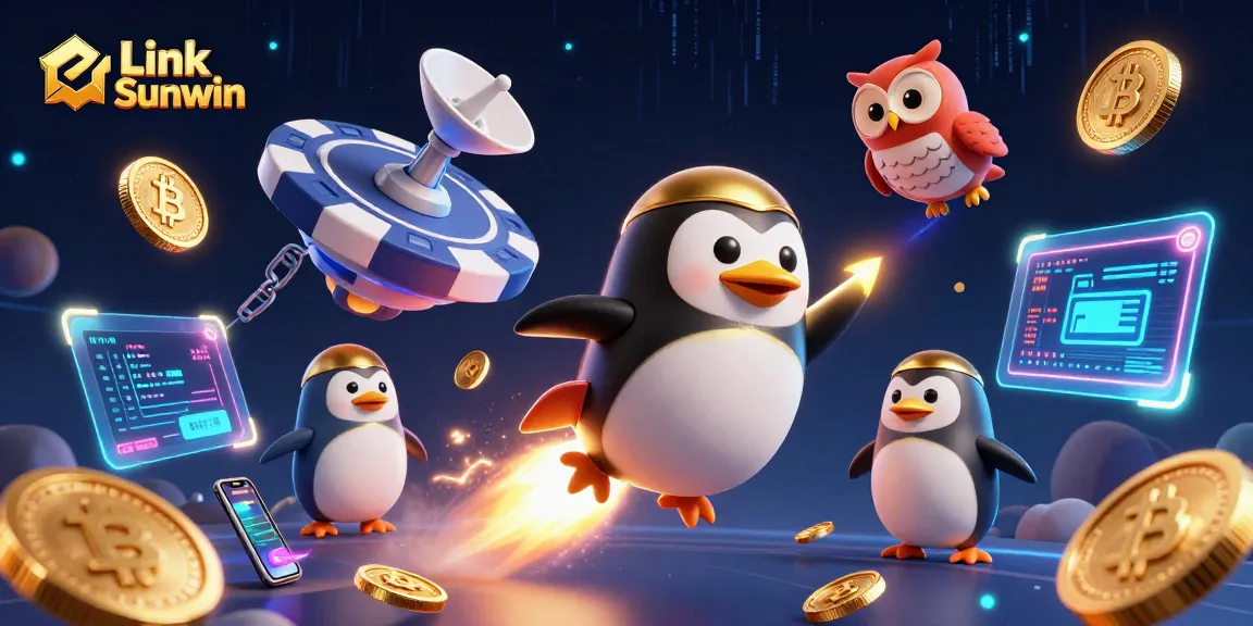 Experience Link Sunwin with a golden penguin soaring towards a poker chip casino amidst neon crypto elements.