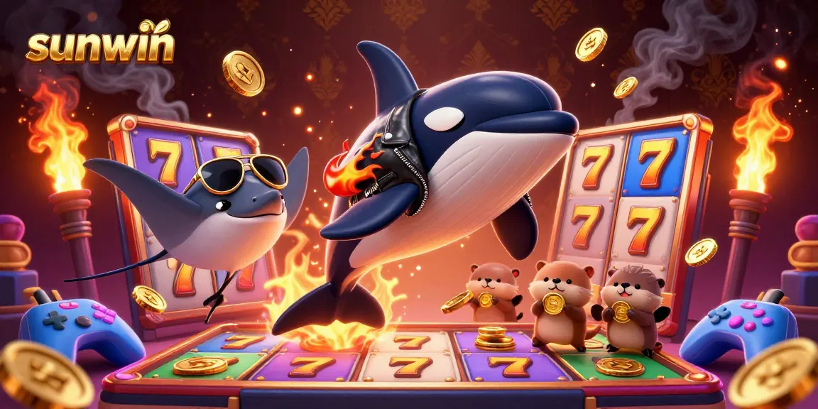 Experience winning thrills with Sunwin featuring an orca whale, stingray, and otters in a vibrant casino scene.