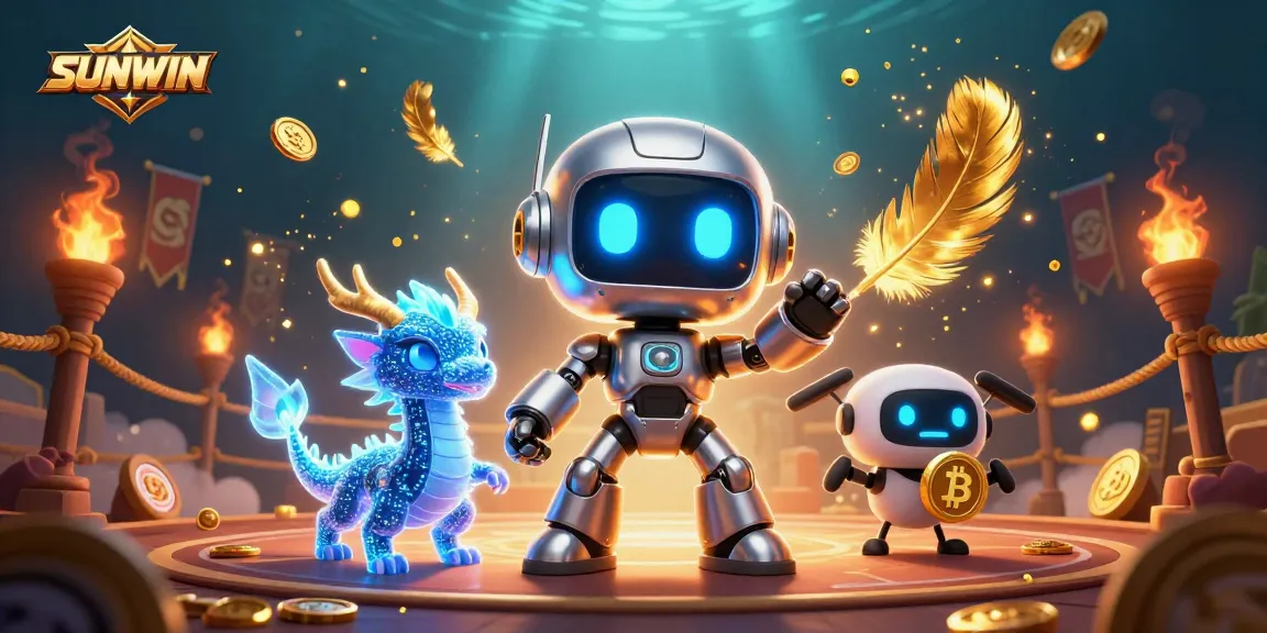 SUNWIN showcases an exciting 3D casino scene featuring a cyberpunk robot and dragon, engaging in high-stakes gaming.