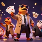 HITCLUB players attempt a fun entrance to a VIP casino lounge, cartoon raptors in costume surrounded by glimmering casino elements.