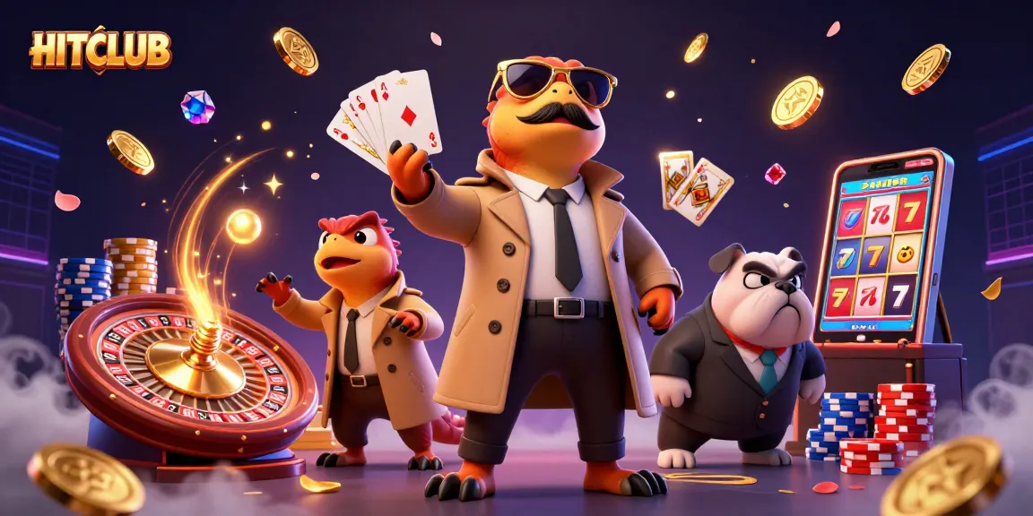 HITCLUB players attempt a fun entrance to a VIP casino lounge, cartoon raptors in costume surrounded by glimmering casino elements.