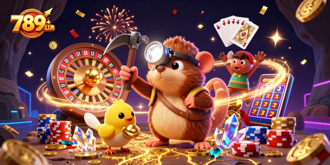 Experience gaming thrill with 789CLUB as a treasure hunter finds gems in a dazzling scene.